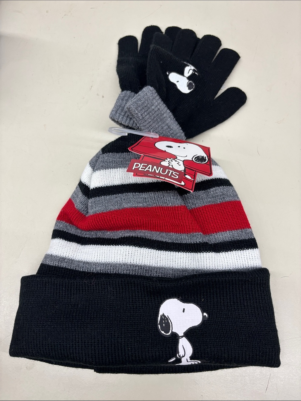 NWT Peanuts Kids Black, Red, & Gray Striped Knit Beanie with Gloves